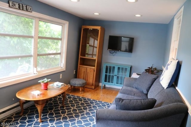 75 Sunrise Ter, Cedar Grove Twp, NJ 07009 - living room featuring recessed lighting, wood finished floors, a baseboard heating unit, and baseboards
