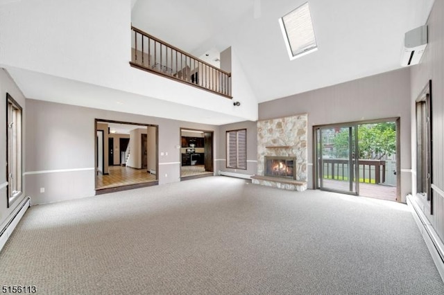 23 Bohnert Pl, Waldwick Boro, NJ 07463 - unfurnished living room with high vaulted ceiling, carpet flooring, a stone fireplace, a baseboard heating unit, and a wall mounted AC