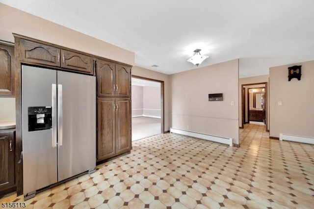 23 Bohnert Pl, Waldwick Boro, NJ 07463 - kitchen with stainless steel refrigerator with ice dispenser, a baseboard heating unit, light floors, and dark brown cabinetry