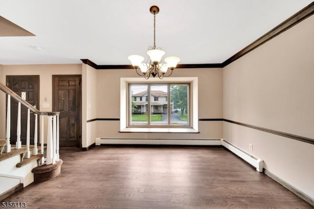 23 Bohnert Pl, Waldwick Boro, NJ 07463 - unfurnished dining area featuring stairway, a chandelier, wood finished floors, baseboards, and ornamental molding