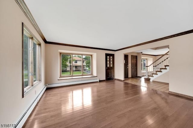 23 Bohnert Pl, Waldwick Boro, NJ 07463 - unfurnished living room featuring ornamental molding, stairway, a baseboard heating unit, wood finished floors, and baseboards