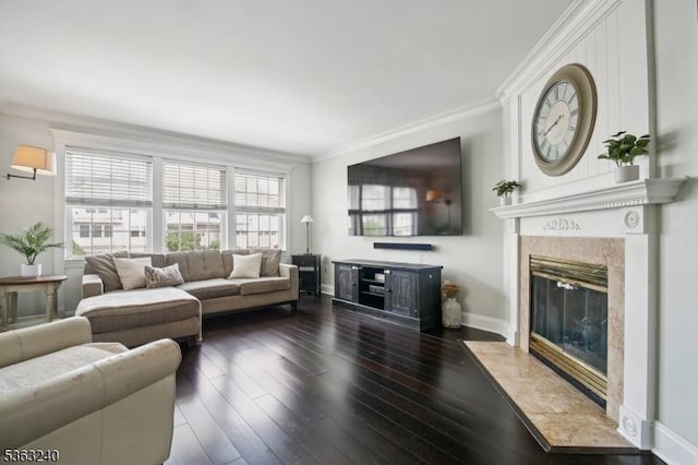 182 Durham Ct, Independence Twp, NJ 07840 - living room featuring crown molding, a high end fireplace, hardwood / wood-style floors, and baseboards