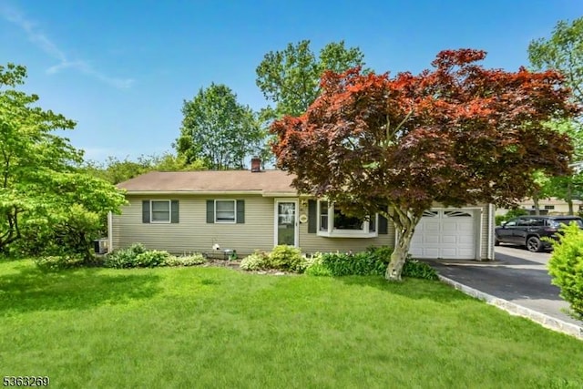 18 Apollo Dr, Jefferson Twp, NJ 07438 - ranch-style home with driveway, a front lawn, a chimney, and an attached garage