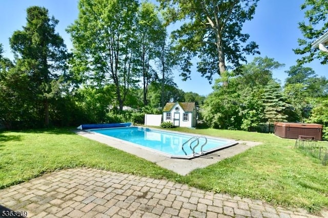 18 Apollo Dr, Jefferson Twp, NJ 07438 - view of swimming pool featuring a hot tub, a storage unit, a covered pool, and a yard