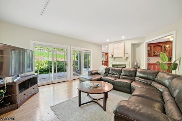 14 Mount Freedom Ave, Randolph Twp, NJ 07869 - living room with light wood finished floors, a glass covered fireplace, and recessed lighting