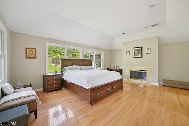 14 Mount Freedom Ave, Randolph Twp, NJ 07869 - bedroom with light wood-style flooring, lofted ceiling, baseboard heating, and a fireplace with flush hearth