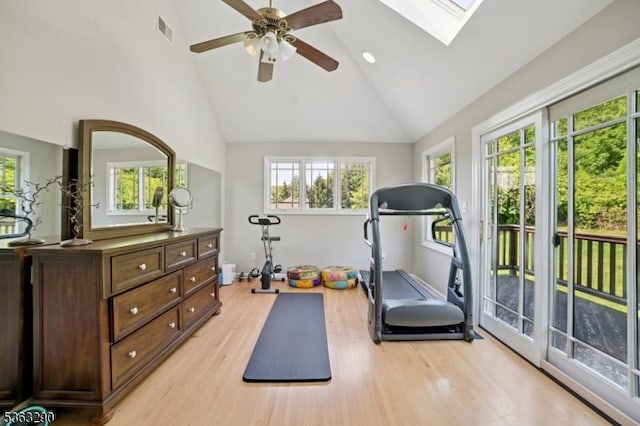 14 Mount Freedom Ave, Randolph Twp, NJ 07869 - exercise area featuring light wood-type flooring, a ceiling fan, high vaulted ceiling, and a skylight