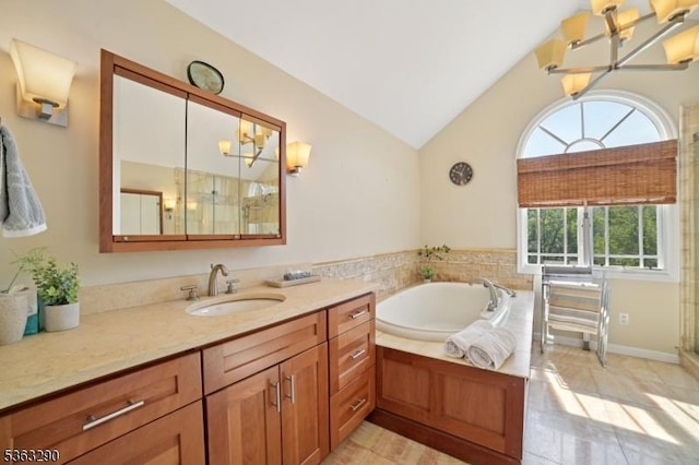 14 Mount Freedom Ave, Randolph Twp, NJ 07869 - full bath with vanity, a bath, vaulted ceiling, and a stall shower