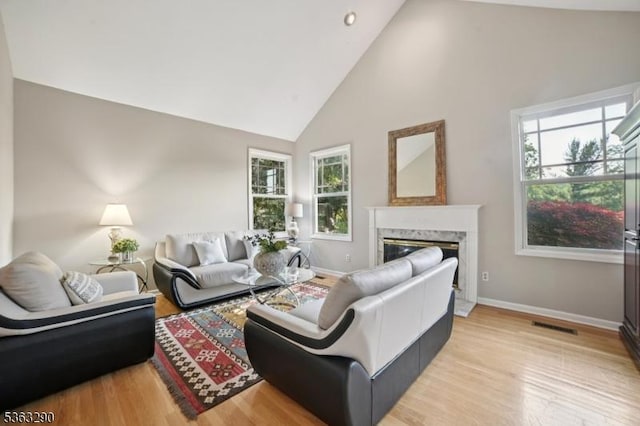 14 Mount Freedom Ave, Randolph Twp, NJ 07869 - living room featuring high vaulted ceiling, a high end fireplace, plenty of natural light, and light wood finished floors