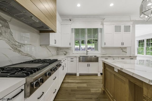 8 Cobblestone Ct, Warren Twp, NJ 07059 - kitchen featuring custom range hood, a sink, dark wood-type flooring, stainless steel gas stovetop, and white cabinetry
