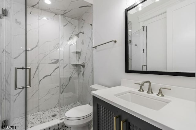 8 Cobblestone Ct, Warren Twp, NJ 07059 - bathroom featuring vanity, toilet, and a marble finish shower