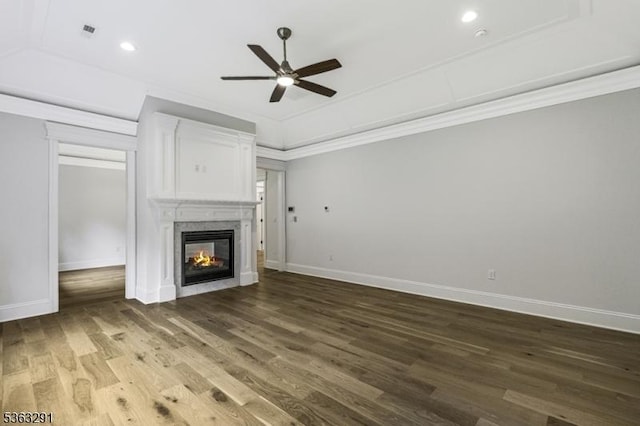8 Cobblestone Ct, Warren Twp, NJ 07059 - unfurnished living room with ceiling fan, a glass covered fireplace, wood finished floors, baseboards, and recessed lighting