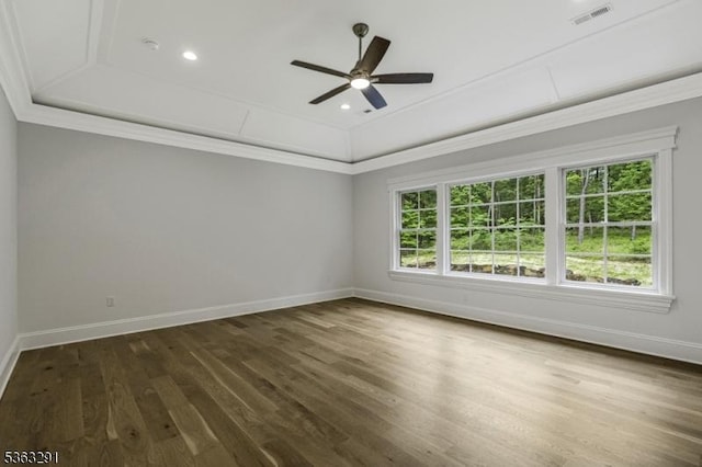 8 Cobblestone Ct, Warren Twp, NJ 07059 - unfurnished room with baseboards, wood finished floors, a tray ceiling, crown molding, and ceiling fan