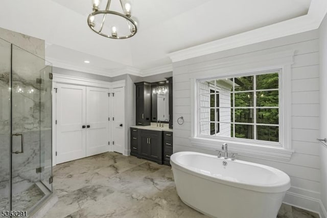 8 Cobblestone Ct, Warren Twp, NJ 07059 - full bath featuring a marble finish shower, a chandelier, vanity, a freestanding bath, and ornamental molding