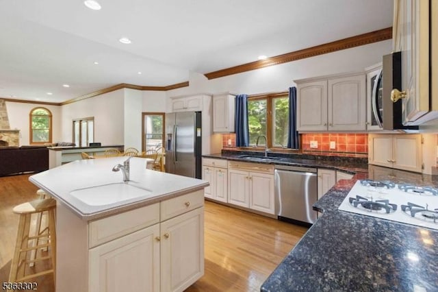 13 E Cove Ln, Morris Twp, NJ 07960 - kitchen featuring stainless steel appliances, a sink, crown molding, tasteful backsplash, and light wood-type flooring