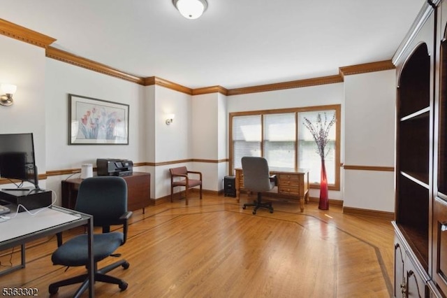 13 E Cove Ln, Morris Twp, NJ 07960 - office featuring baseboards, ornamental molding, and light wood-type flooring