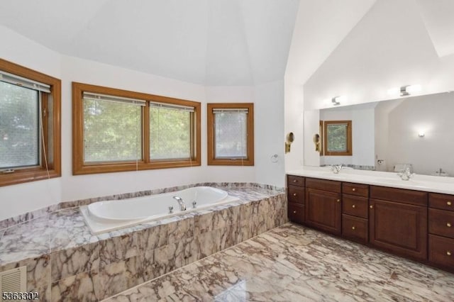 13 E Cove Ln, Morris Twp, NJ 07960 - full bath featuring vaulted ceiling, a bath, double vanity, and marble look tiles