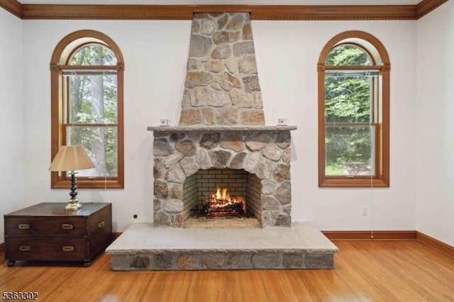 13 E Cove Ln, Morris Twp, NJ 07960 - detailed view of wood finished floors, a fireplace, and baseboards