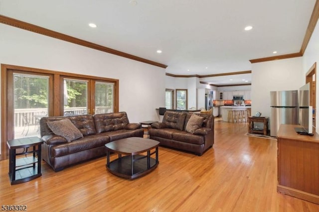 13 E Cove Ln, Morris Twp, NJ 07960 - living room with light wood-type flooring, ornamental molding, and recessed lighting