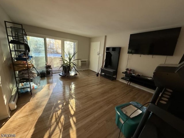 18 Deanna Dr Unit 43, Hillsborough Twp, NJ 08844 - living room with wood finished floors, baseboards, an AC wall unit, and baseboard heating
