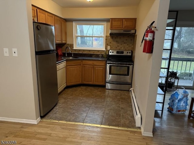 18 Deanna Dr Unit 43, Hillsborough Twp, NJ 08844 - kitchen with appliances with stainless steel finishes, a baseboard heating unit, a sink, under cabinet range hood, and tasteful backsplash