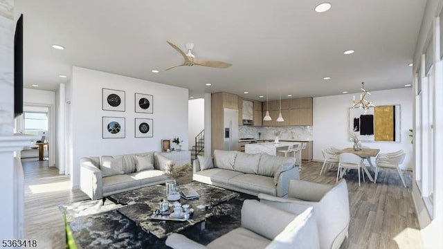 491 Central Ave Unit 4, New Providence Boro, NJ 07974 - living room featuring recessed lighting, light wood-style floors, a ceiling fan, and stairway