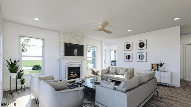 491 Central Ave Unit 4, New Providence Boro, NJ 07974 - living room with a fireplace, wood finished floors, a ceiling fan, recessed lighting, and baseboards