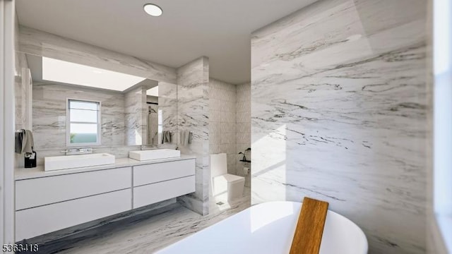 491 Central Ave Unit 4, New Providence Boro, NJ 07974 - bathroom with double vanity, a freestanding bath, a shower, and tile walls