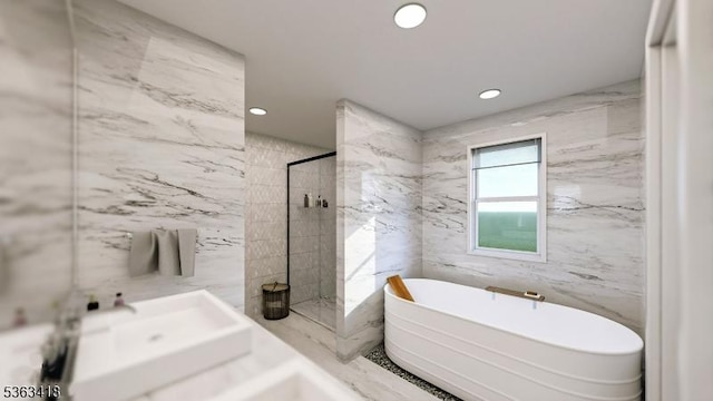 491 Central Ave Unit 4, New Providence Boro, NJ 07974 - full bath with tile walls, a freestanding tub, a stall shower, and recessed lighting