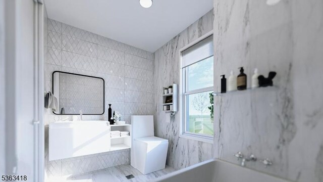 491 Central Ave Unit 4, New Providence Boro, NJ 07974 - bathroom with a bathtub, tile walls, and vanity