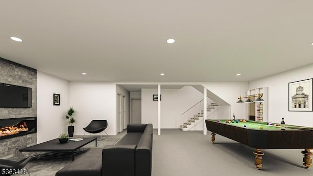 491 Central Ave Unit 4, New Providence Boro, NJ 07974 - recreation room featuring carpet floors, pool table, recessed lighting, and a stone fireplace