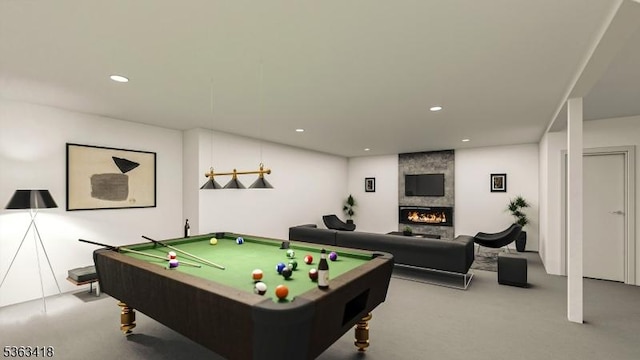 491 Central Ave Unit 4, New Providence Boro, NJ 07974 - rec room with carpet, billiards, a fireplace, and recessed lighting