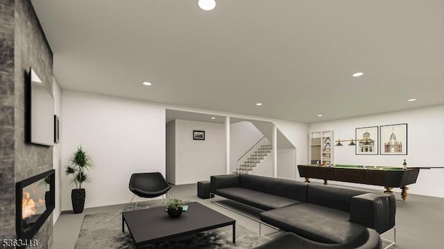 491 Central Ave Unit 4, New Providence Boro, NJ 07974 - living room featuring a large fireplace, stairway, recessed lighting, and billiards table