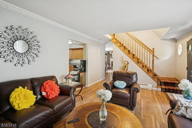 1 Beaver Brook Dr, Vernon Twp, NJ 07461 - living room featuring stairway, a baseboard radiator, light wood-style floors, and crown molding