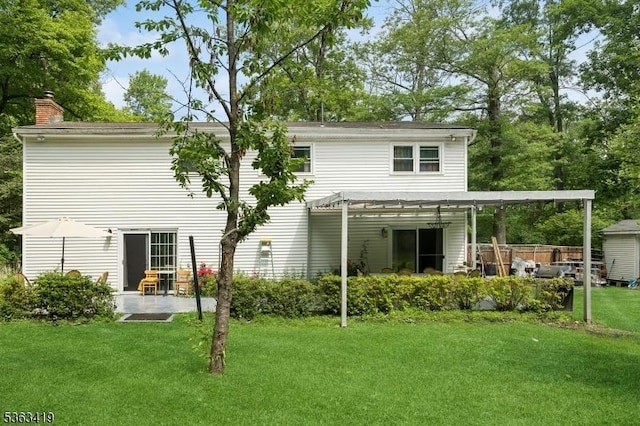 1 Beaver Brook Dr, Vernon Twp, NJ 07461 - back of house featuring a yard, a pergola, a patio, and a chimney