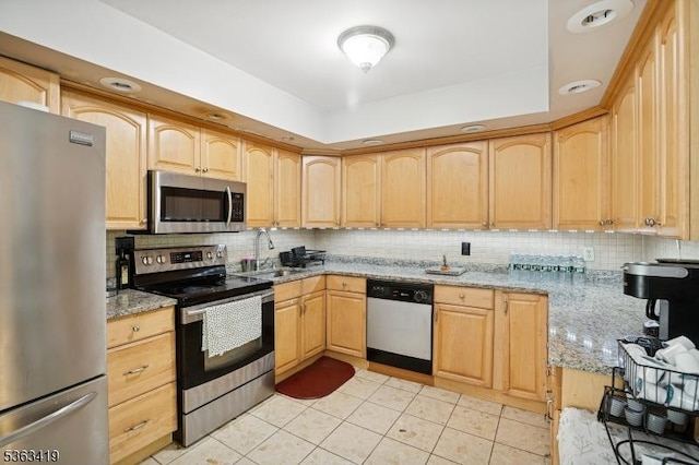 1 Beaver Brook Dr, Vernon Twp, NJ 07461 - kitchen featuring stainless steel appliances, light stone countertops, light tile patterned flooring, backsplash, and light brown cabinets
