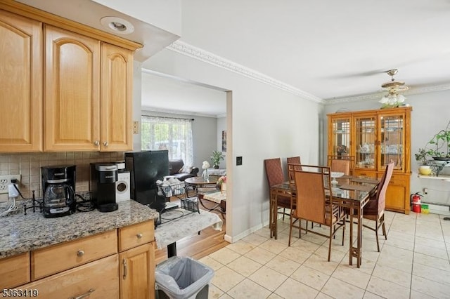 1 Beaver Brook Dr, Vernon Twp, NJ 07461 - kitchen with crown molding, light brown cabinetry, tasteful backsplash, light tile patterned floors, and light stone counters