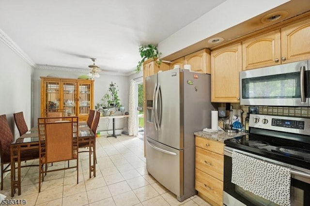 1 Beaver Brook Dr, Vernon Twp, NJ 07461 - kitchen featuring appliances with stainless steel finishes, light brown cabinets, ornamental molding, light stone countertops, and light tile patterned floors