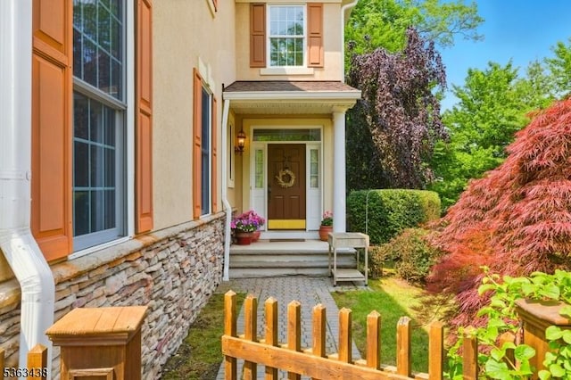 22 Young Ct, Chester Twp, NJ 07930 - doorway to property with stucco siding and stone siding