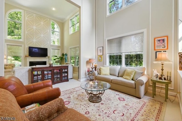 22 Young Ct, Chester Twp, NJ 07930 - living area with a towering ceiling, ornamental molding, a fireplace, and baseboards