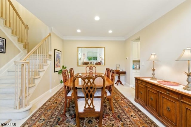 22 Young Ct, Chester Twp, NJ 07930 - dining area with stairs, recessed lighting, crown molding, and baseboards