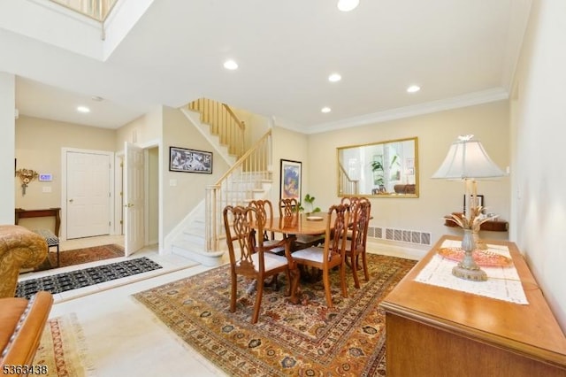 22 Young Ct, Chester Twp, NJ 07930 - dining space with stairs, recessed lighting, crown molding, and baseboards