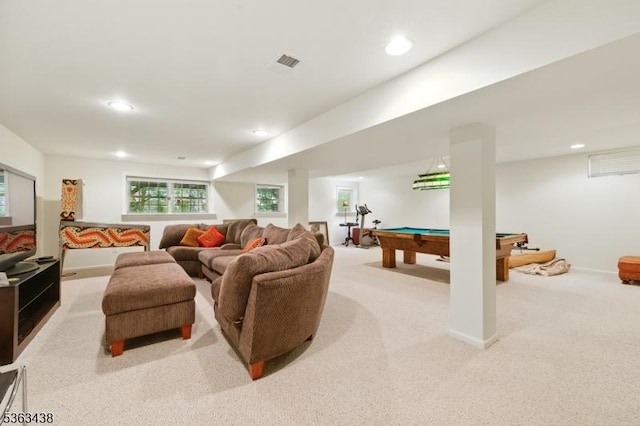 22 Young Ct, Chester Twp, NJ 07930 - living room featuring light colored carpet, recessed lighting, and billiards table