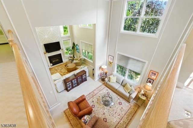 22 Young Ct, Chester Twp, NJ 07930 - living room featuring a high ceiling, carpet floors, and healthy amount of natural light
