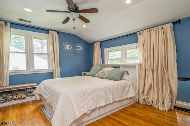 76 W Valley View Dr, Morristown Town, NJ 07960 - bedroom featuring vaulted ceiling, wood finished floors, recessed lighting, and ceiling fan