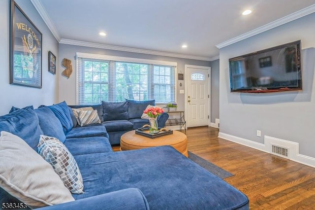 76 W Valley View Dr, Morristown Town, NJ 07960 - living room with wood finished floors, ornamental molding, and recessed lighting