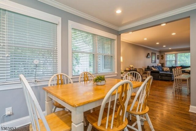 76 W Valley View Dr, Morristown Town, NJ 07960 - dining room featuring ornamental molding, wood finished floors, and recessed lighting