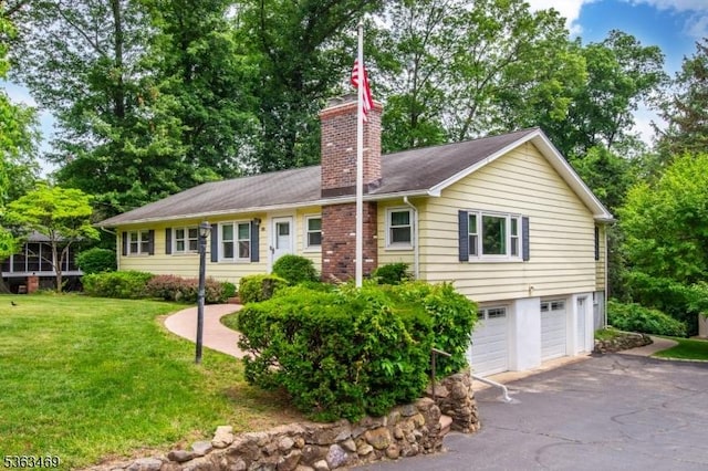 38 Longview Dr, Hanover Twp, NJ 07981 - single story home featuring a chimney, an attached garage, driveway, and a front lawn