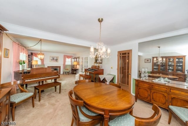 38 Longview Dr, Hanover Twp, NJ 07981 - dining space featuring a chandelier, crown molding, light carpet, and a fireplace
