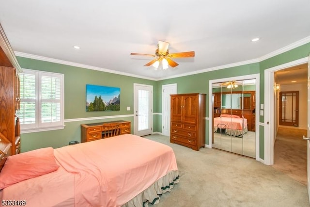 38 Longview Dr, Hanover Twp, NJ 07981 - bedroom with light carpet, ornamental molding, ceiling fan, and recessed lighting